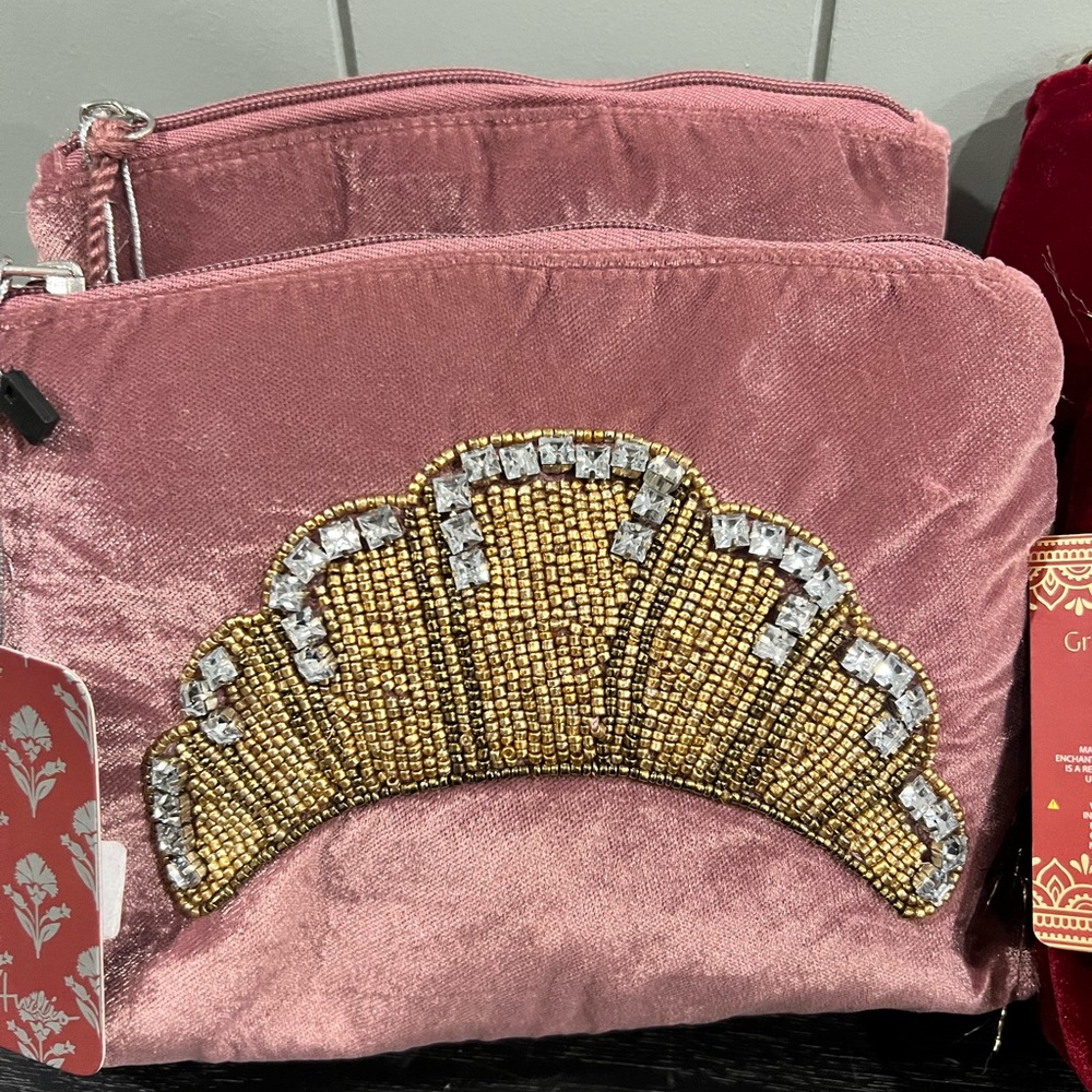 Dusty Pink Croissant Beaded Embellished Makeup Bag
